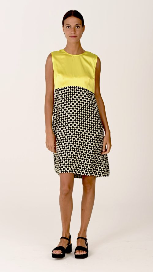 Vestido corto sin mangas en seda italiana Lime & Black Vichy