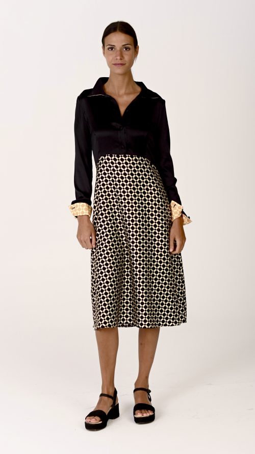 Vestido camisero midi en seda con falda Black Vichy