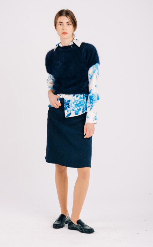 JEANS SKIRT, BLUE RHODODENDRUM PRINT