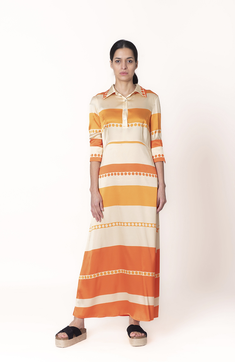 Vestido camisero en seda con estampado Stripes en color calabaza