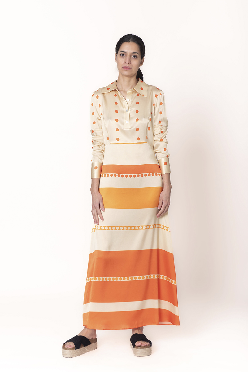 Vestido camisero en seda con estampado Polka Dots & Stripes en color calabaza