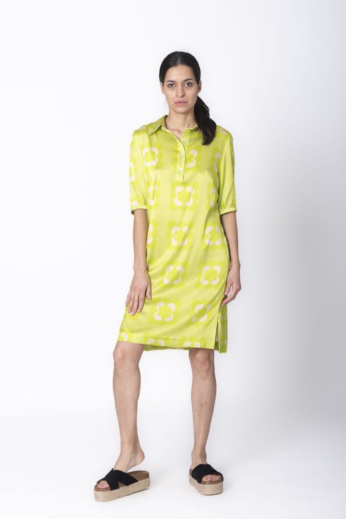 VESTIDO CAMISERO MINI EN SEDA EN ESTAMPADO GREEN PRIMULA EN COLOR VERDE
