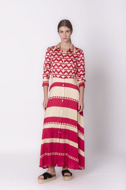 VESTIDO CAMISERO EN SEDA CON ESTAMPADO ZIGZAG&STRIPES EN COLOR CEREZA