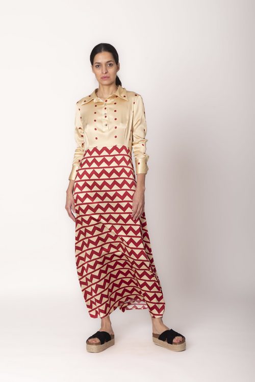 VESTIDO CAMISERO EN SEDA CON ESTAMPADO POLKA DOTS&ZIG ZAG EN COLOR CEREZA